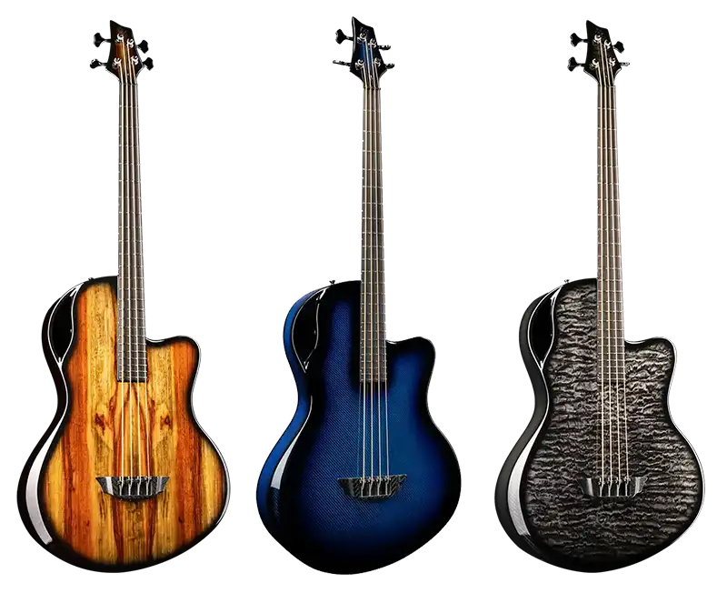 Selection of emerald guitars balor 4 string bass guitars