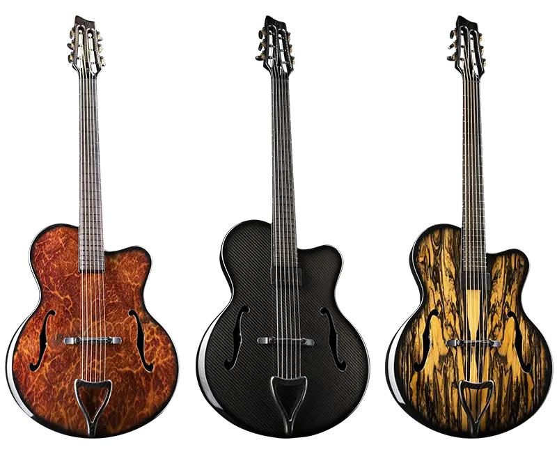 emerald guitars archtop guitar selection - carbon fiber to wooden veneers