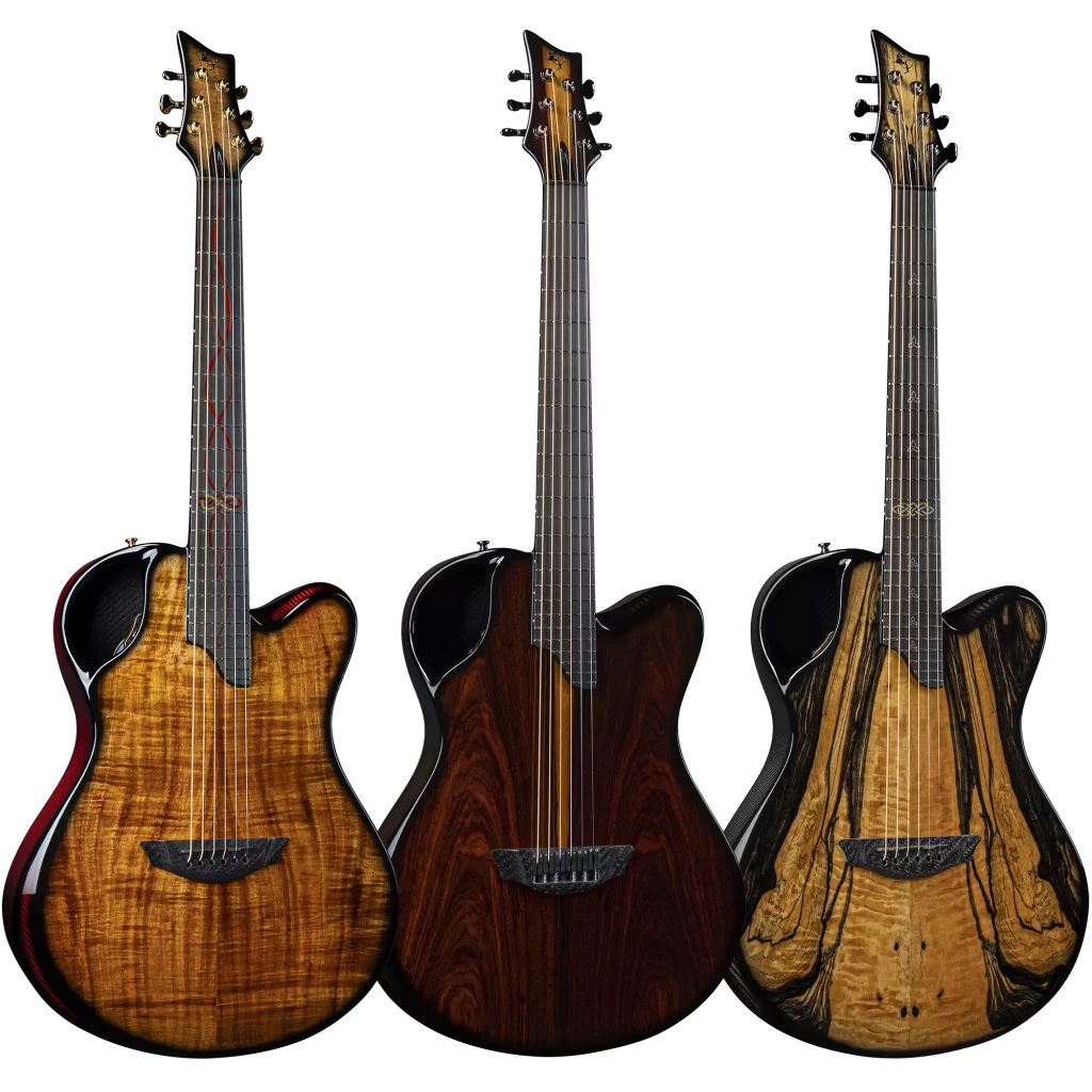 Trio of Emerald Guitars X20 models, showcasing various wood finishes and ergonomic designs