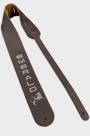 High-quality brown leather Emerald guitar strap with embroidered logo, combining style with functional durability