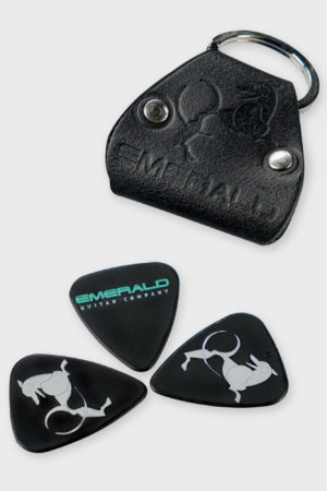 Black leather pick case with custom embossed Emerald logo and three high-quality guitar picks with distinctive designs