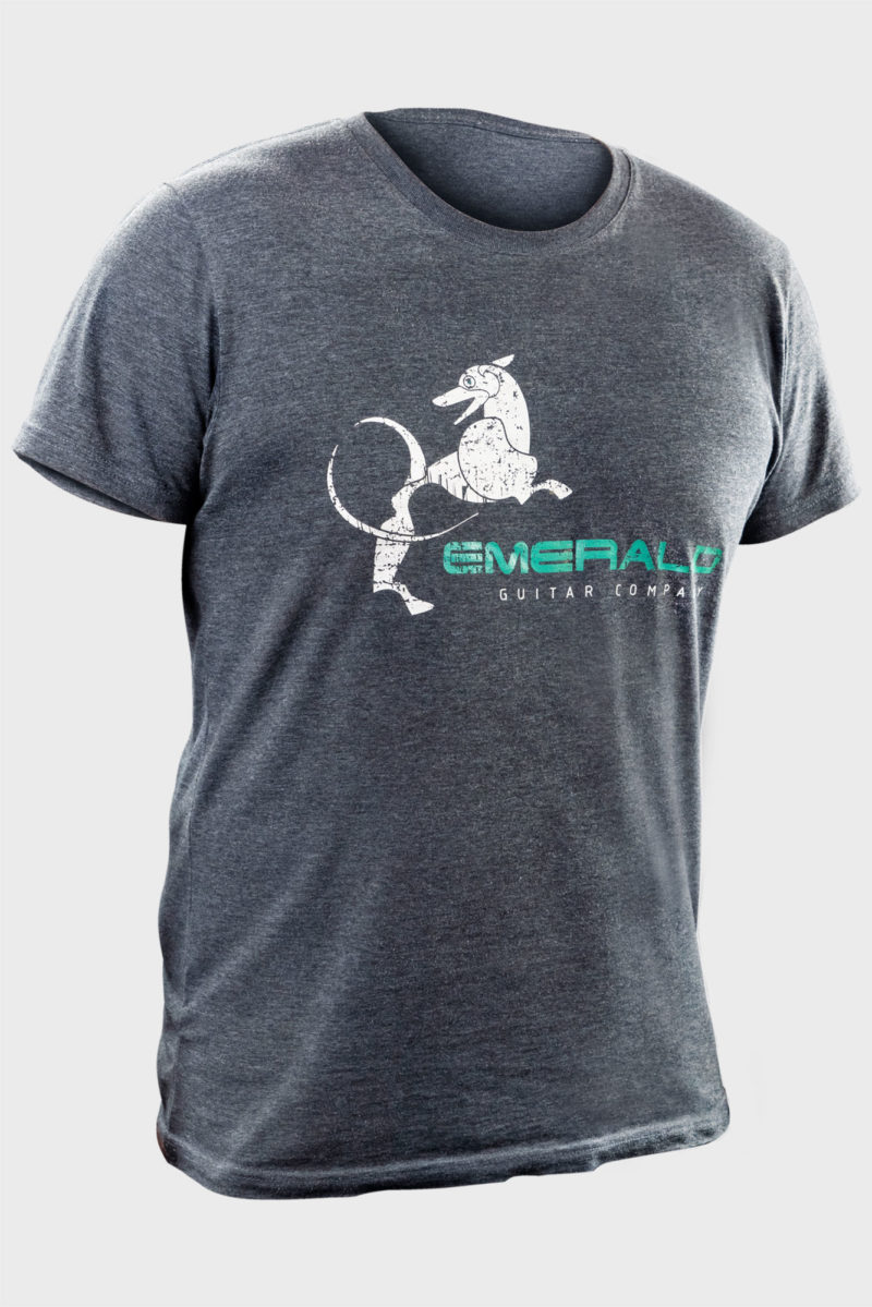 Casual grey Emerald Guitars t-shirt with a prominent white logo, crafted for comfort and style for music enthusiasts