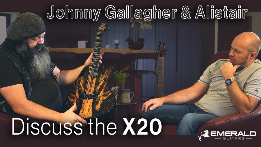 Johnny Gallagher and Alistair Hay discussing Emerald X20 guitar