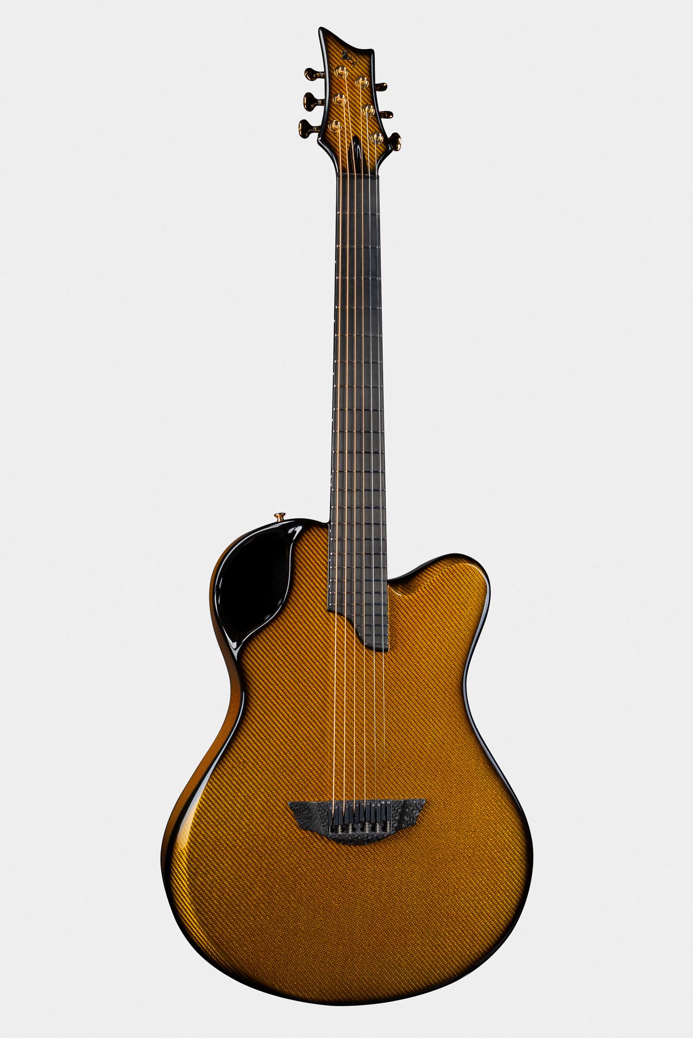 Emerald Guitars X20 model featuring a honey amber finish and carbon fiber texture