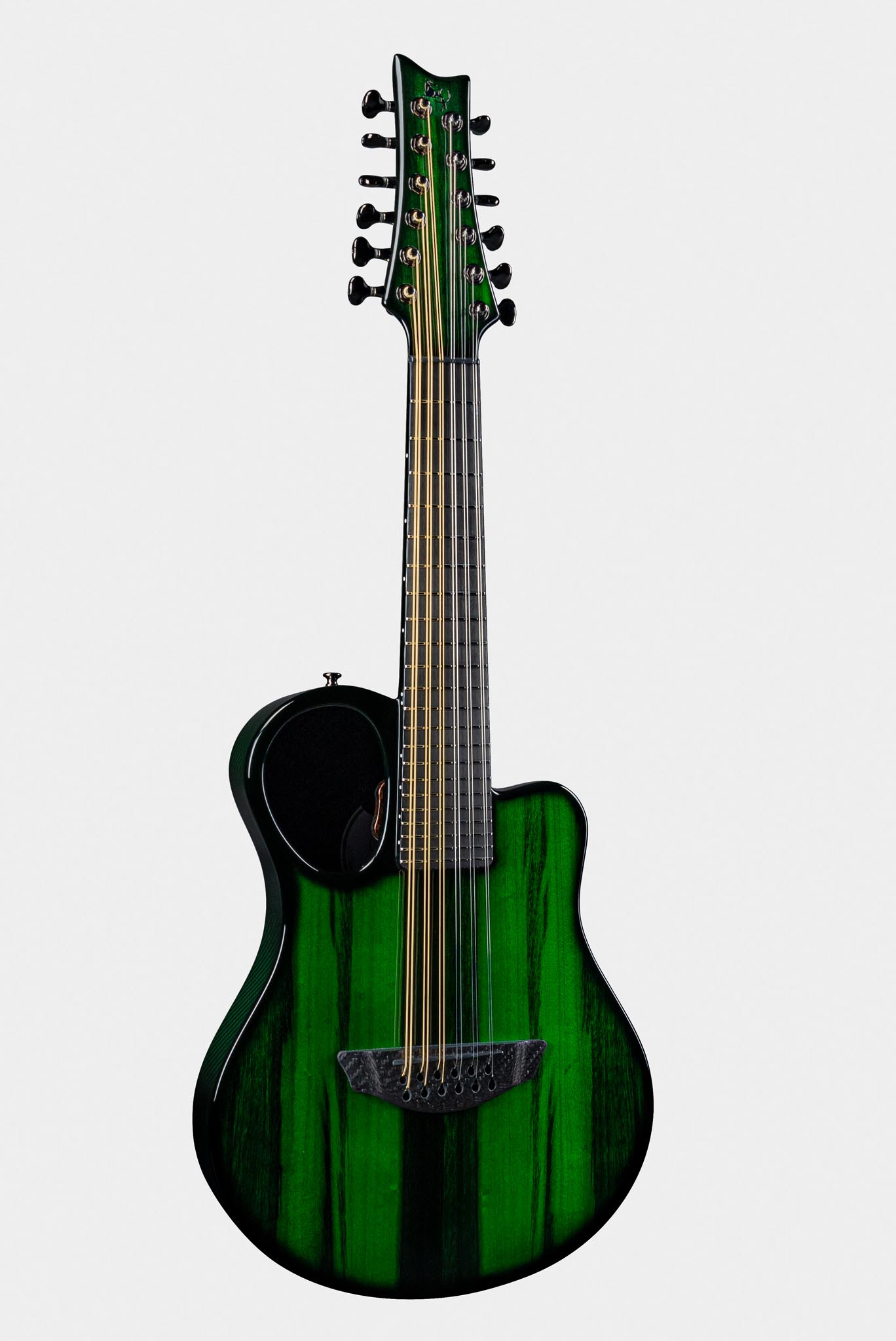 Emerald Guitars Amicus model with striking green finish and carbon fiber body