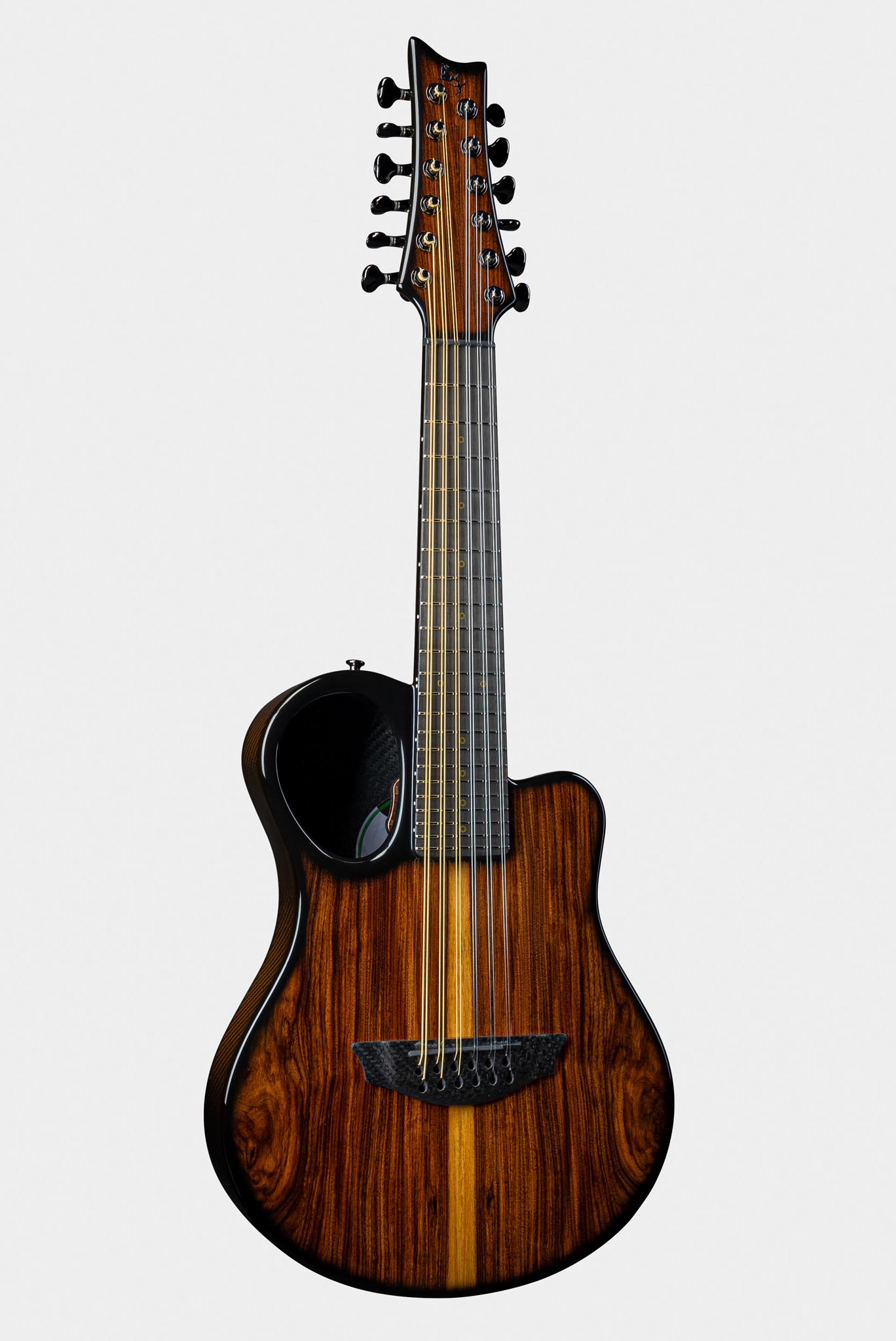 Emerald Guitars Amicus model with elegant Pau Ferro wood finish and carbon fiber body