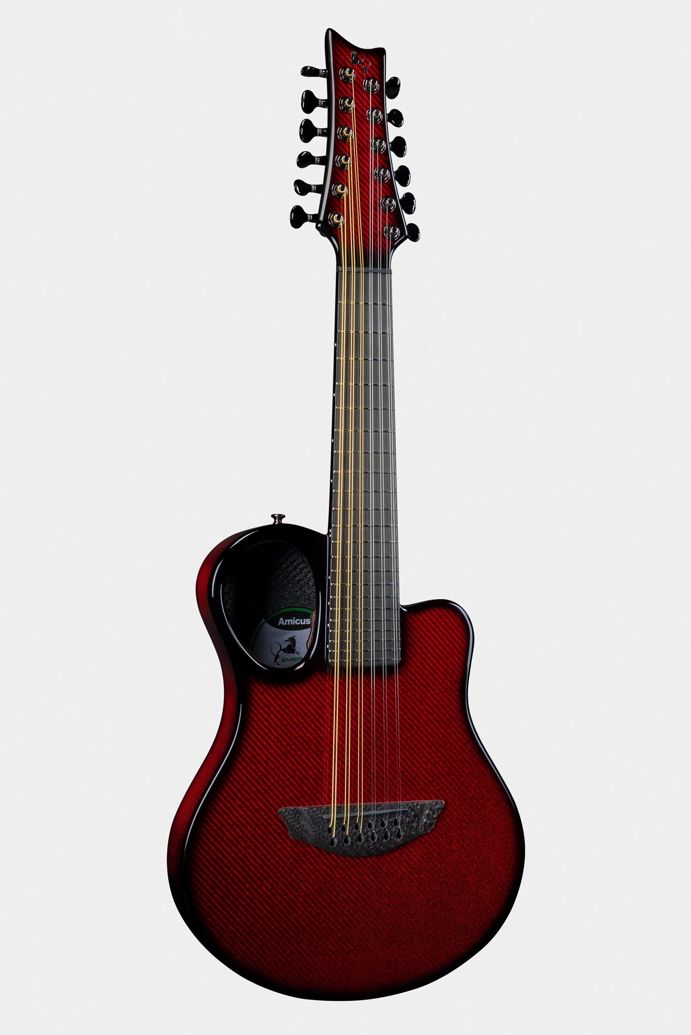 Emerald Guitars Amicus model with vibrant red finish and carbon fiber body