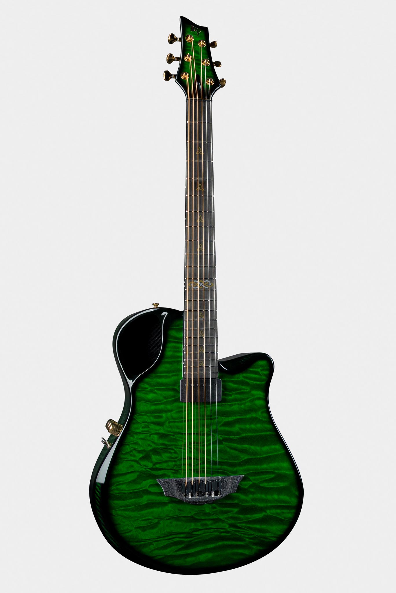 Emerald Guitars X10 model in striking green finish with sleek black contours