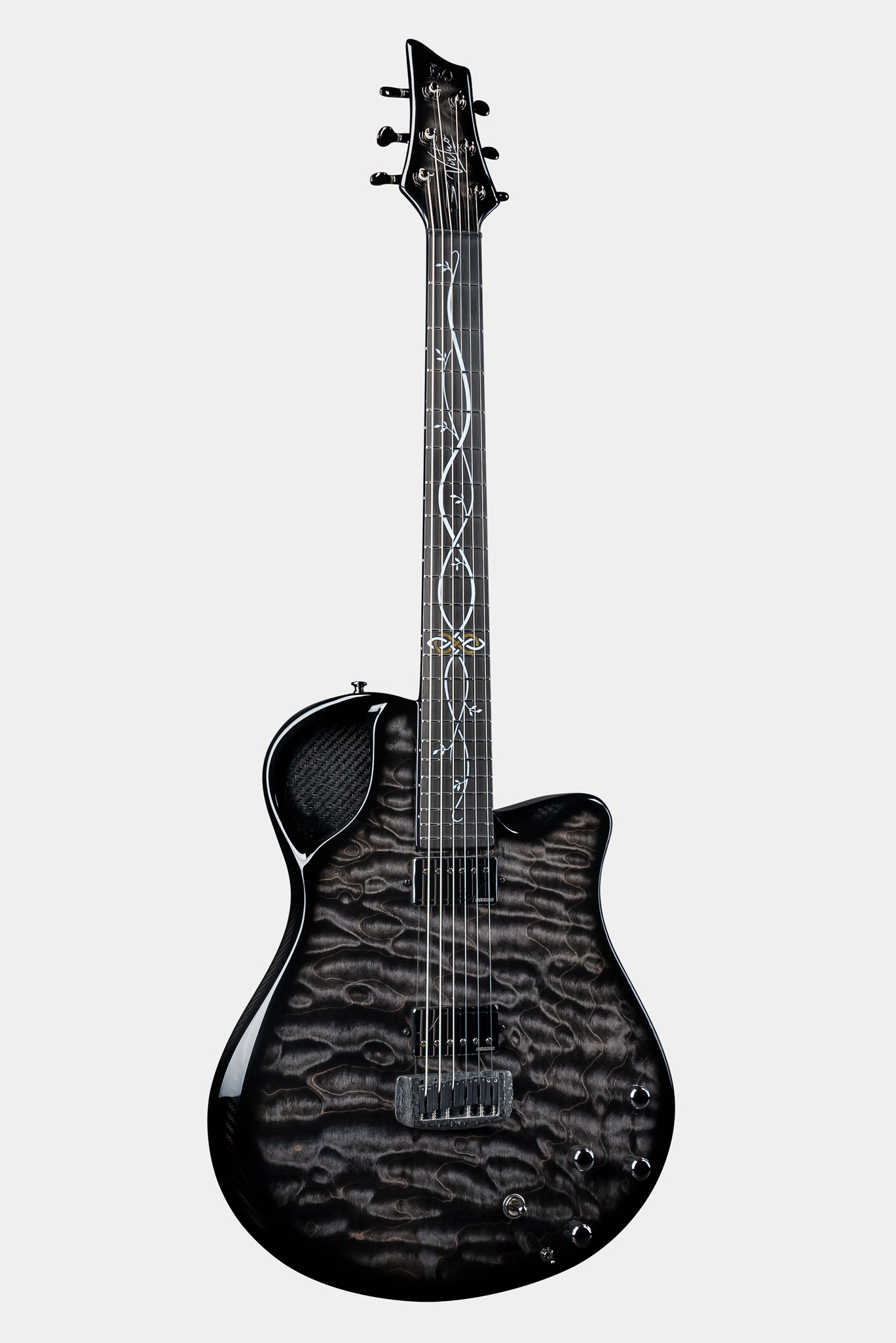 Emerald Virtuo Carbon Fiber Guitar in Quilted Maple Black with Leaves