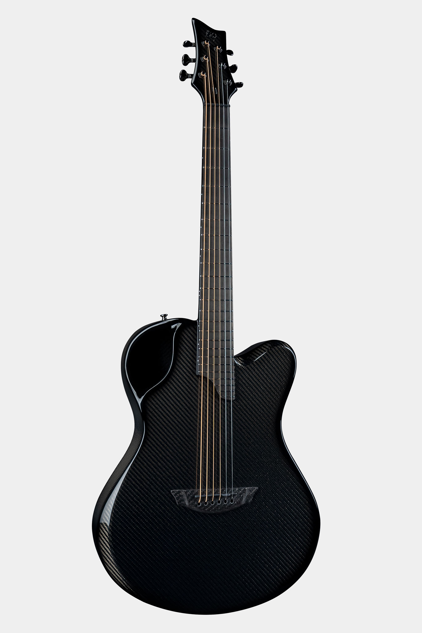 Emerald Guitars X20 model in sleek black carbon fiber finish with Gotoh 510 tuners and pinless carbon bridge