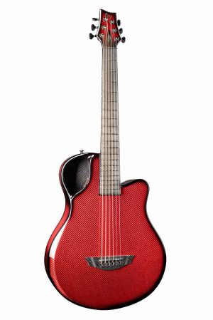 Emerald X7 guitar in vibrant red with carbon weave body and pinless bridge
