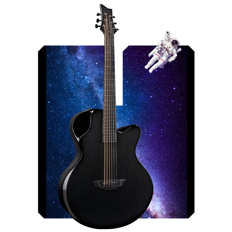 Innovative carbon fiber technology in guitar construction illustrated with space and racing themes