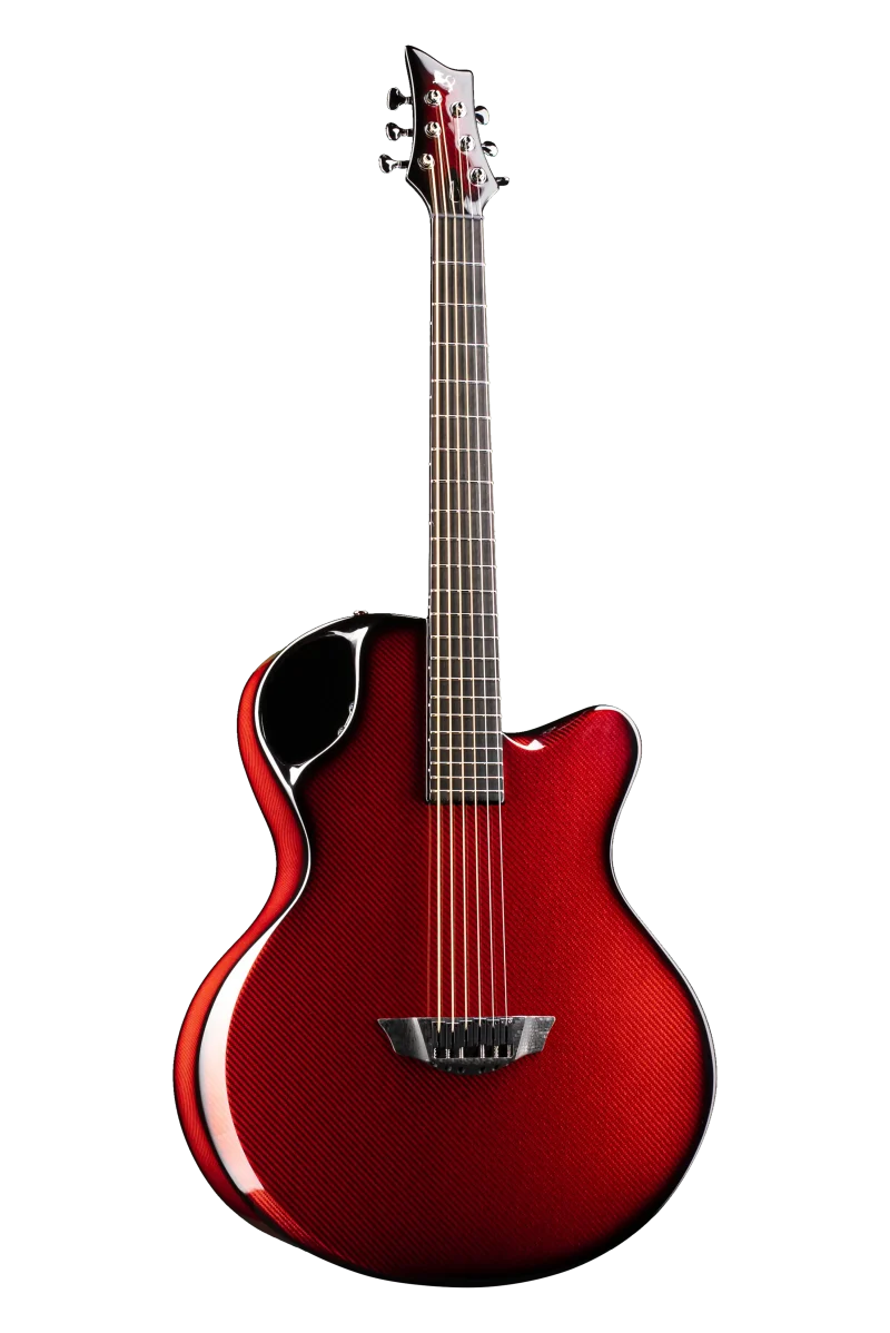 Emerald Guitars X30 model in vibrant red with a carbon fiber weave pattern and advanced acoustic design