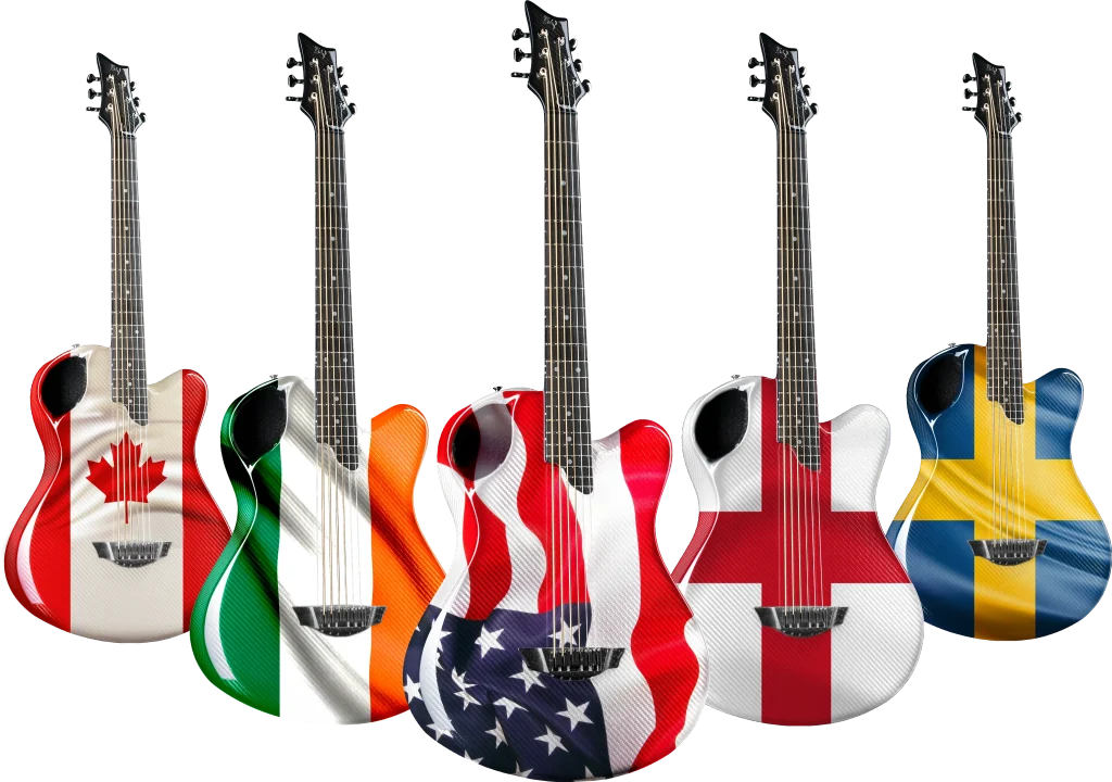 Emerald Guitars with international flag designs promoting global music unity and cultural diversity