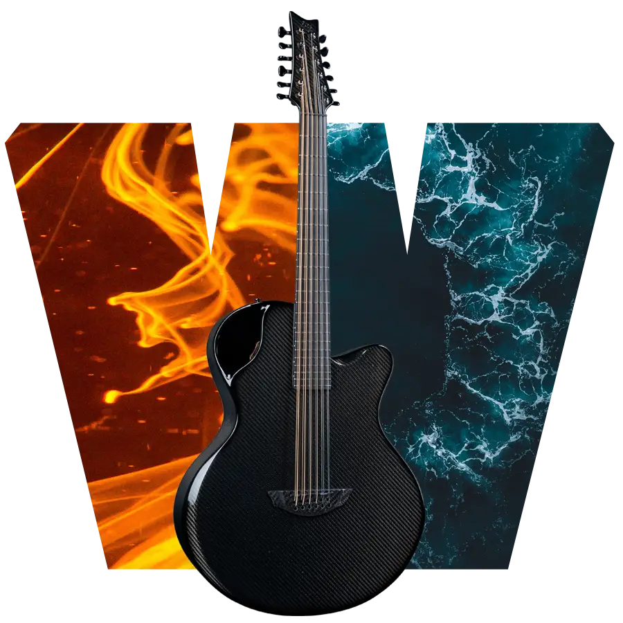 Carbon fiber Emerald guitar set against fiery and icy elements, symbolizing its weather-resistant qualities.