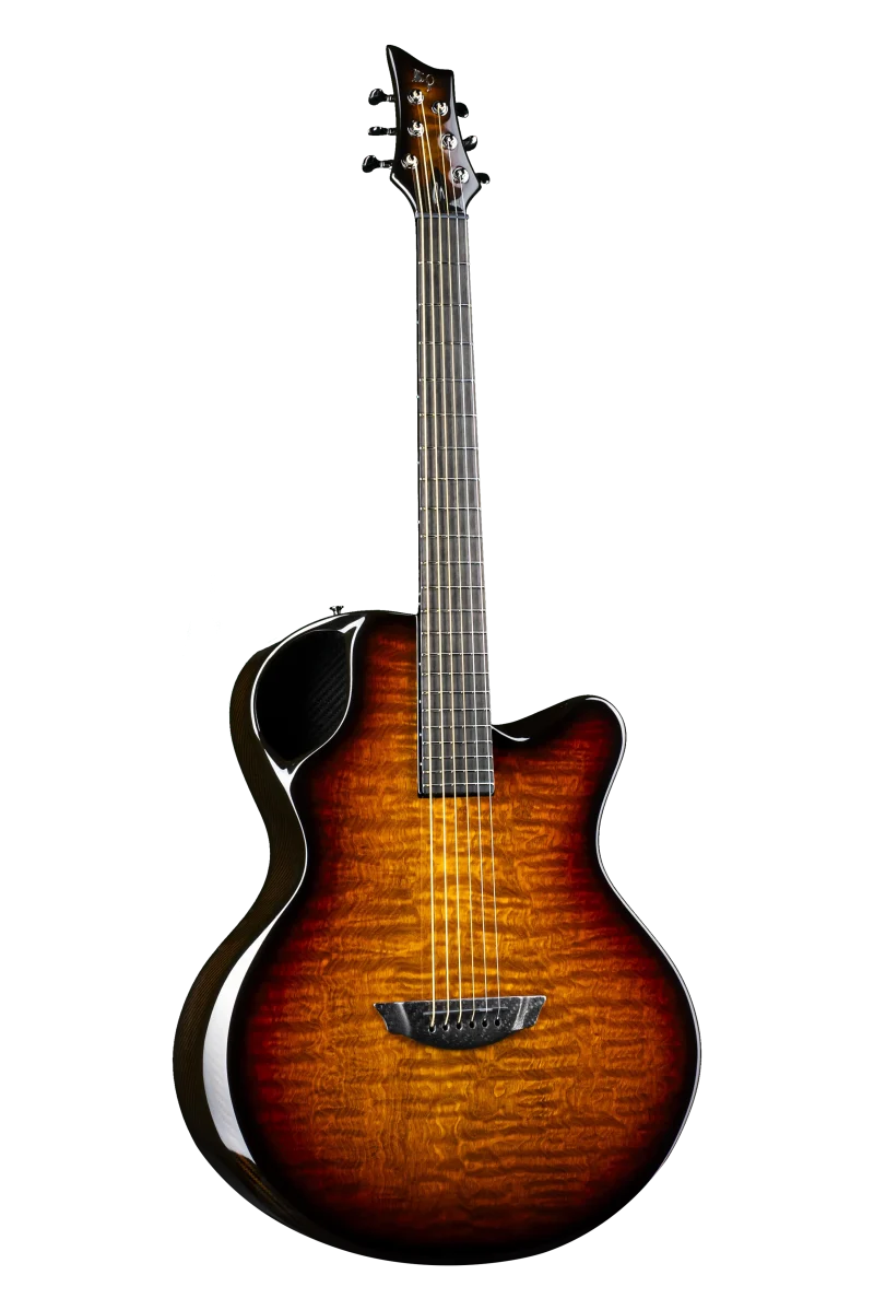 Emerald X30 Tamo Ash guitar showcasing the beautiful wood grain finish and carbon fiber structure
