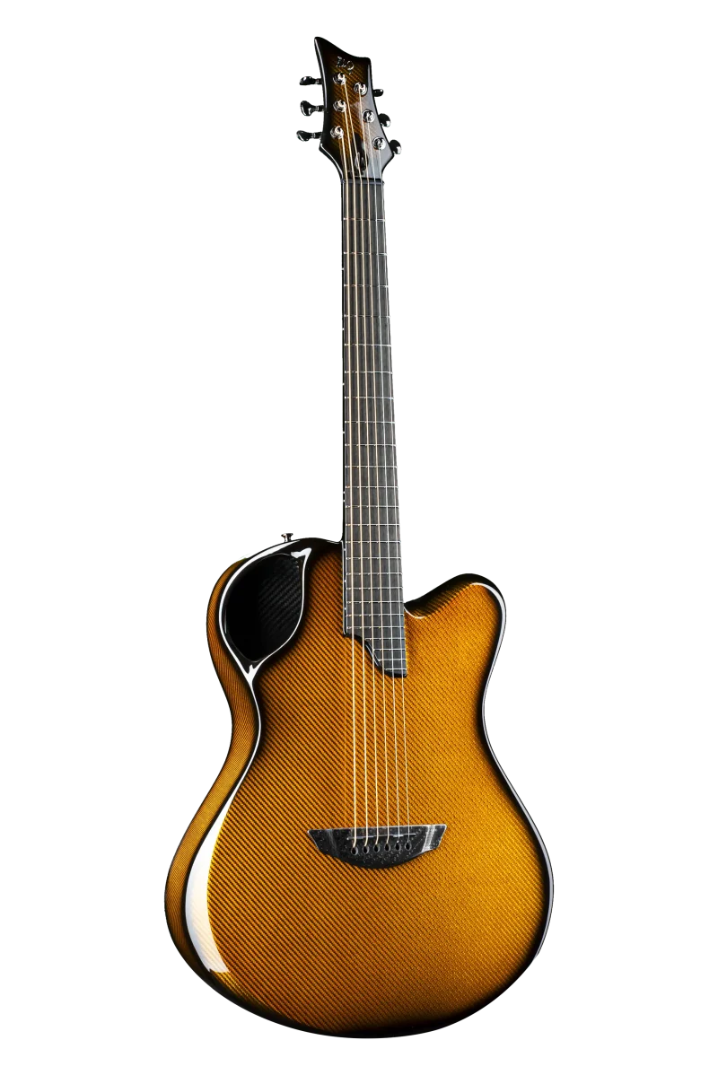 The ergonomic Emerald X20 guitar with a vibrant carbon weave finish designed for comfort