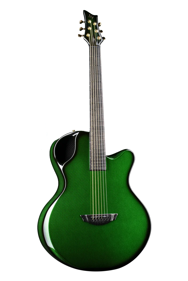 Eye-catching Emerald X30 guitar in an electrifying green carbon fiber finish with sleek contours
