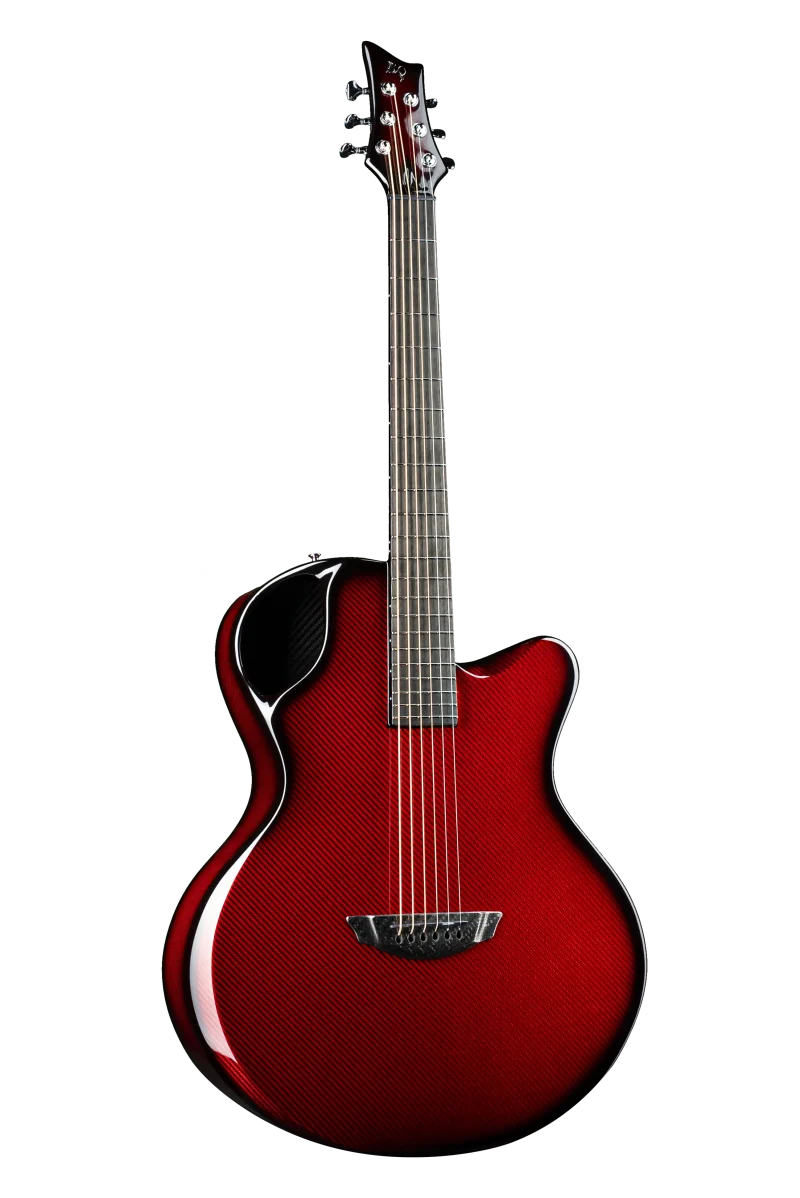 Emerald X30 guitar in vibrant red showcasing its sleek design and carbon fiber construction for superior sound quality.