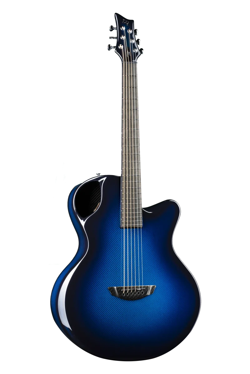 Luxurious Emerald X30 guitar with a deep blue vibrant weave carbon body, perfect for the modern musician