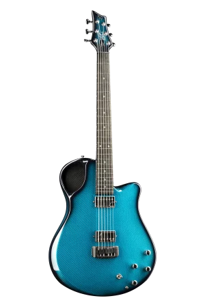 Emerald Guitars Virtuo model with teal carbon weave finish and precision hardware