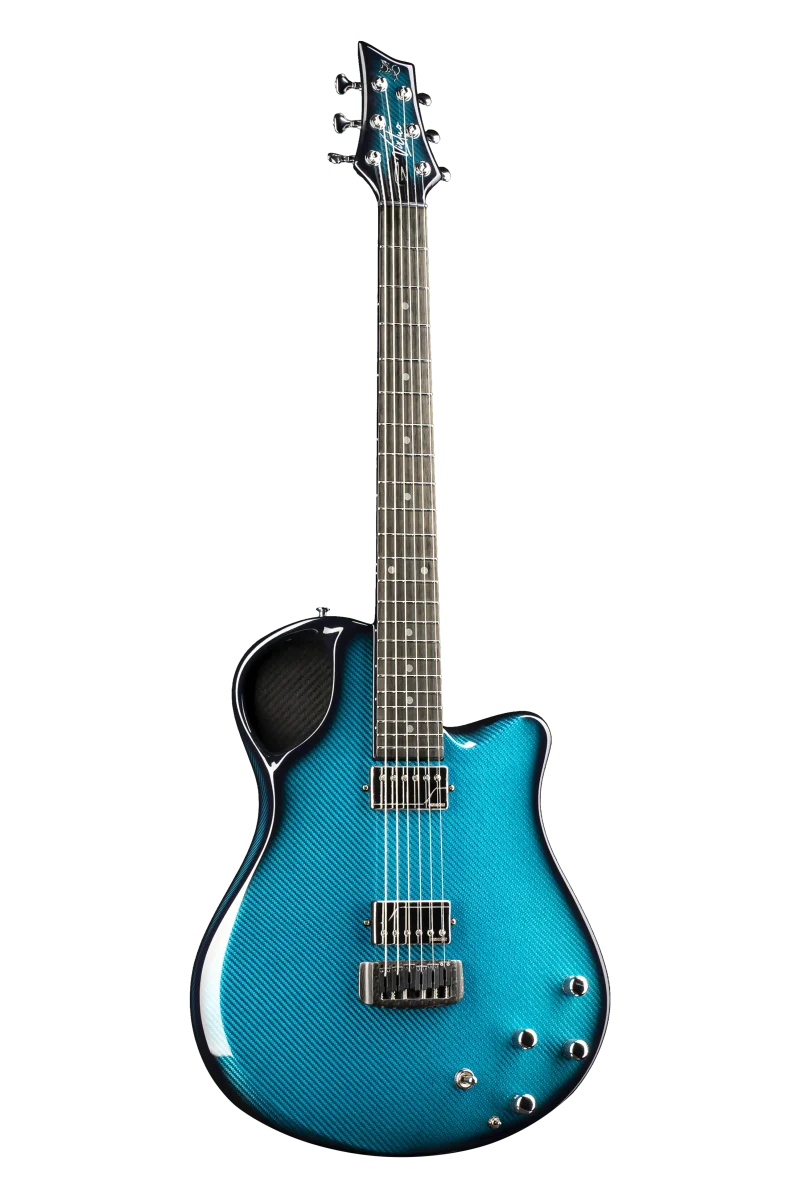 Emerald Guitars Virtuo model with teal carbon weave finish and precision hardware