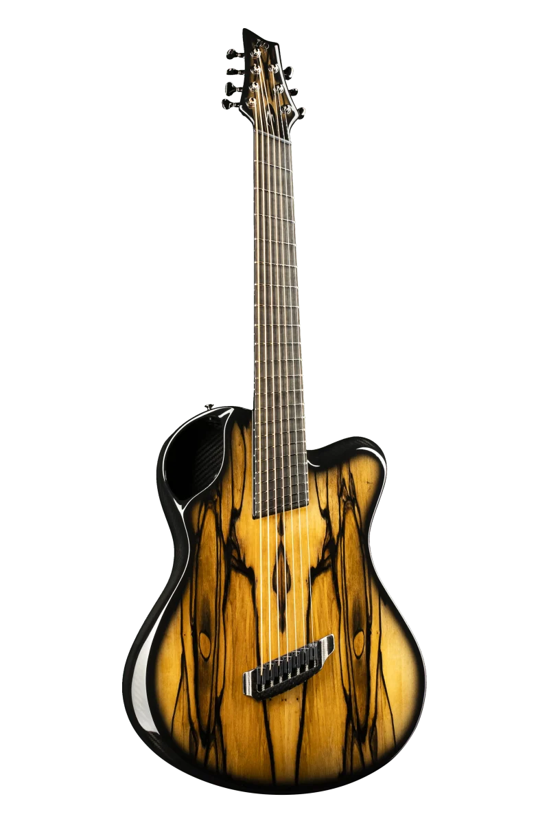 Emerald Guitars X20 7-string guitar showcasing Royal Ebony finish and carbon weave detailing