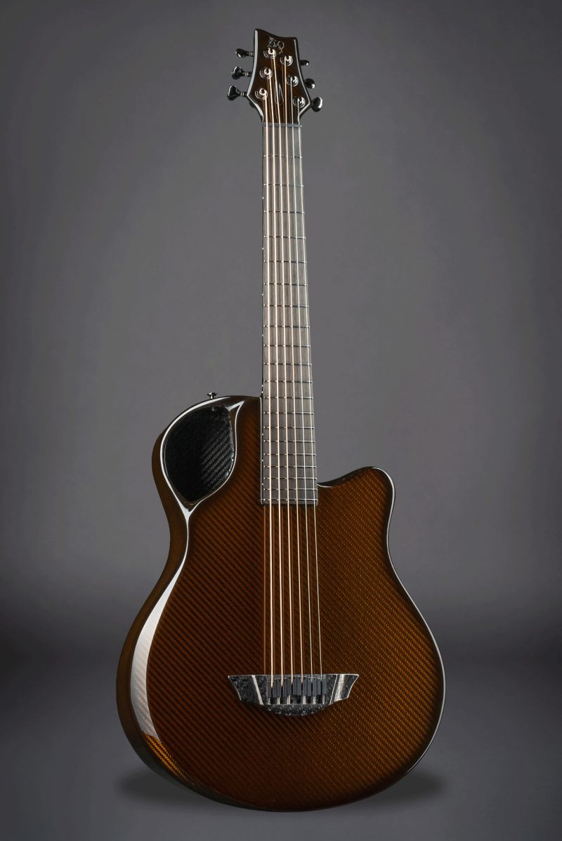 Emerald X7 Amber guitar on display