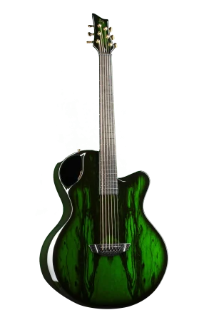 Emerald X30 acoustic guitar showing off its unique green carbon weave design and elegant curves