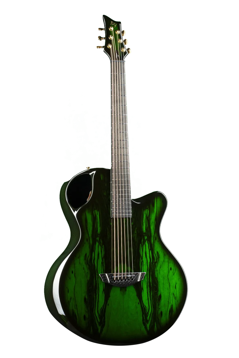 Emerald X30 acoustic guitar showing off its unique green carbon weave design and elegant curves
