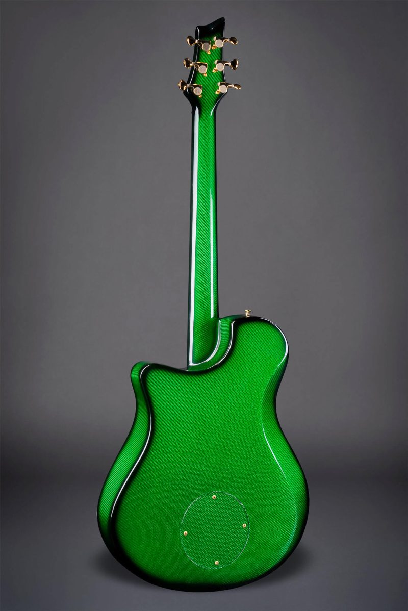 Rear view of Emerald Virtuo guitar in vibrant green