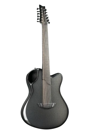 Front view of Emerald X20 12-string guitar in black carbon fiber on a transparent background