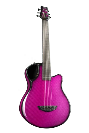 Emerald X7 guitar in vibrant pink carbon fiber with transparent background