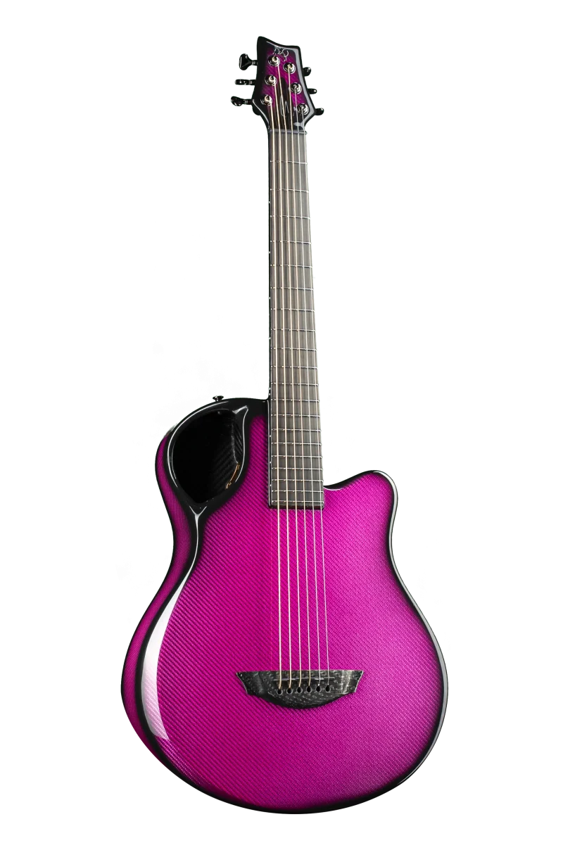 Emerald X7 guitar in vibrant pink carbon fiber with transparent background