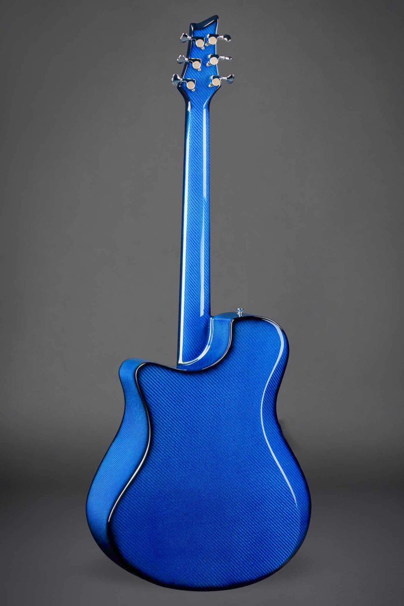 Rear view of Emerald X10 guitar in vibrant blue