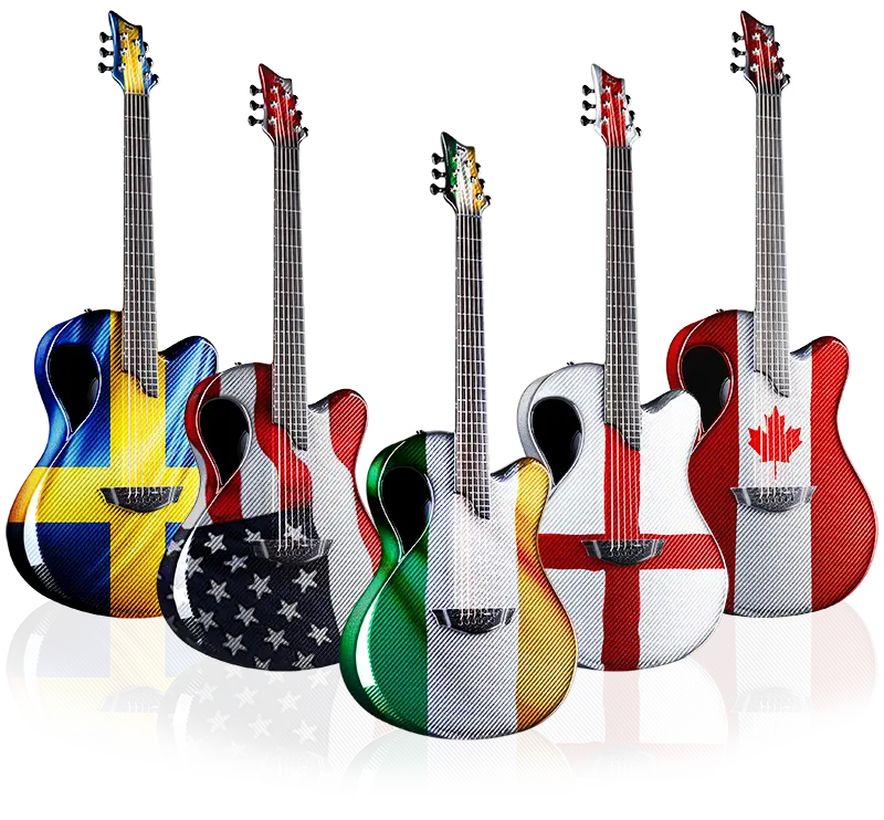 Carbon fiber guitars with painted flags on them