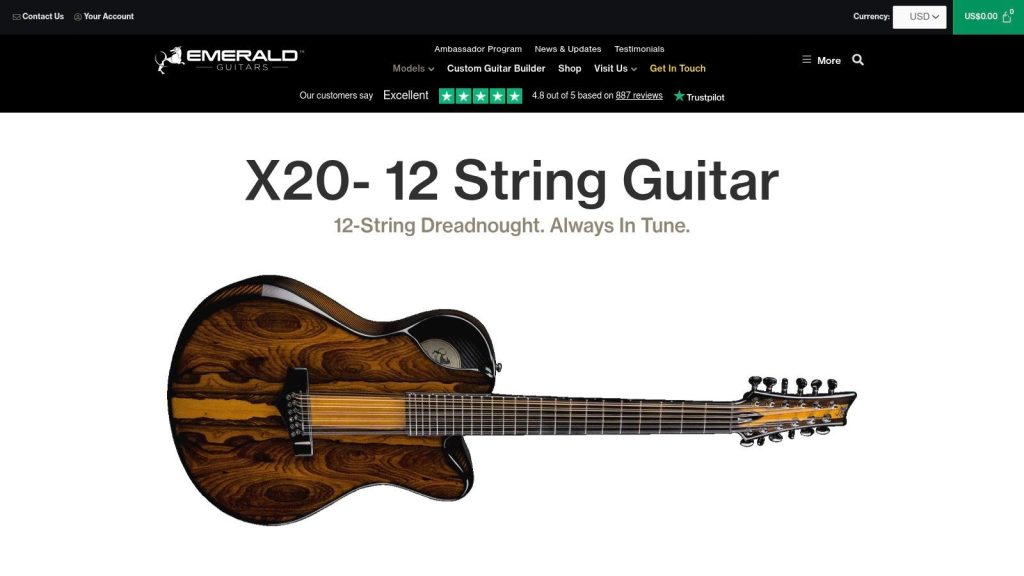 A screenshot of the Emerald x20 12 string guitar product page