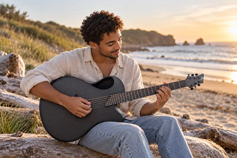Golden Hour Guitarist by the Sea