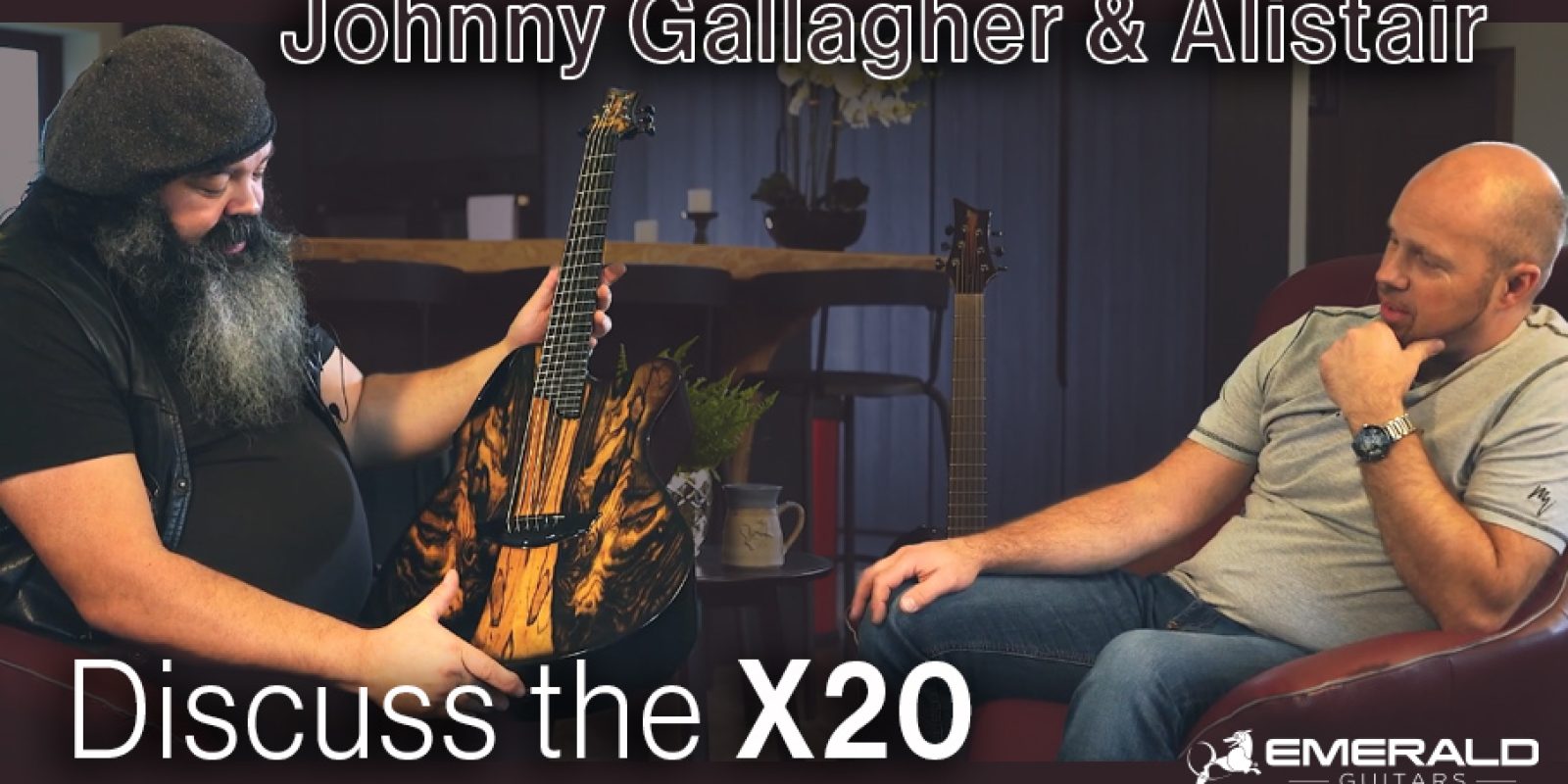 Johnny Gallagher and Alistair Hay discussing Emerald X20 guitar